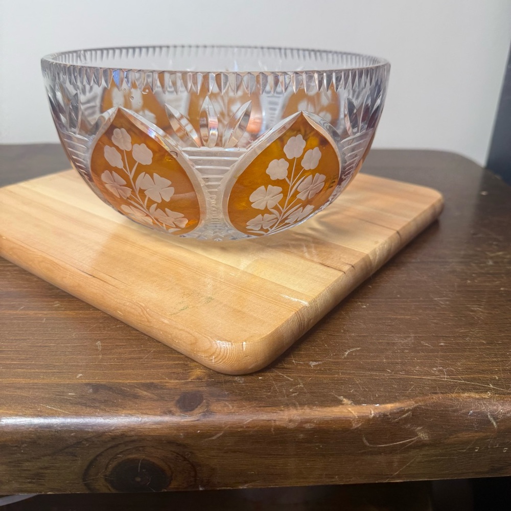 Vintage Julia Genuine Hand-cut Lead Crystal 24% Bowl with amber floral pattern.